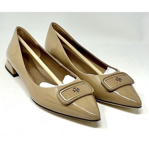 🆕Tory Burch GEORGIA Pointed Toe Flats Almond Flour Beige Patent Leather Size 7.5 - Picture 4 of 11